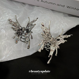 Silver Tone Sculpted Butterfly Hair Claw With Liquid Metal Look