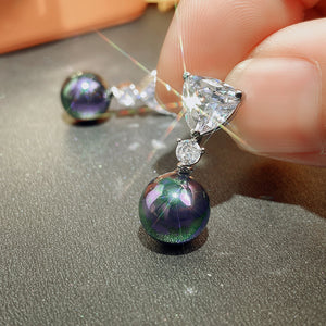 Silver Triangle Clear Stone Peacock Pearl Drop Earrings