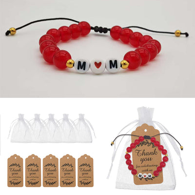 Red Mom bead bracelet shown above white organza bags and kraft thank-you tags.