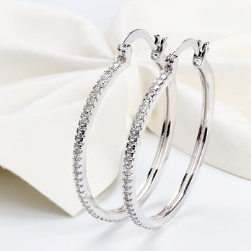 White Gold Large Pavé Clear Stone Hoop Earrings Alloy