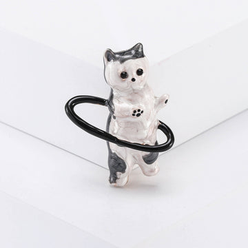 Standing Gray and White Cat Brooch With Glossy Black Hoop