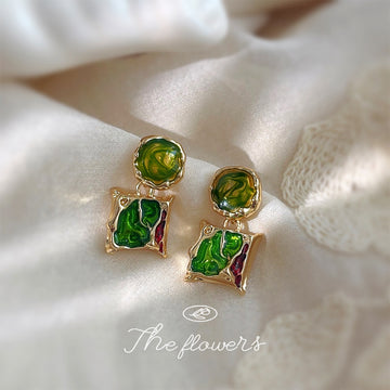 Gold Green Enamel Irregular Circle Square Drop Earrings