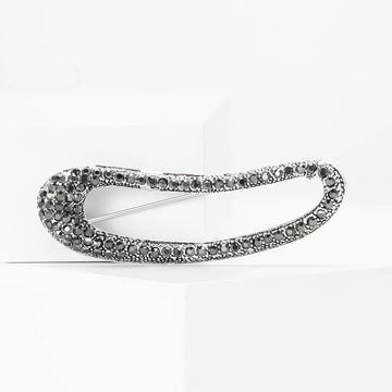 Elongated Black Crystal Loop Brooch in Antique Silver Tone