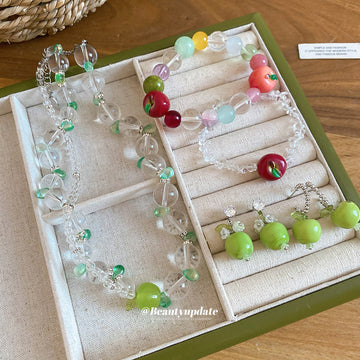 Green Apple Bead Earrings Necklace Bracelet and Flower Rings