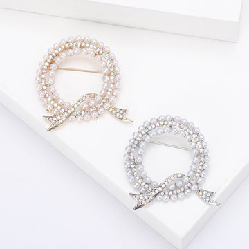 Circular Faux Pearl Wreath Brooch with Crystal Leaf Accents