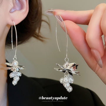 Silver Pearl Grape Cluster Long Hook Earrings with Polished Metal Details
