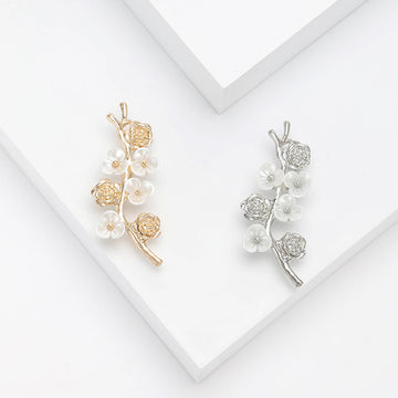 Delicate Branch Brooch With Clear Flowers and Pearls