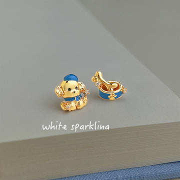 Gold Tone Blue Dog And Bone Asymmetric Stud Earrings