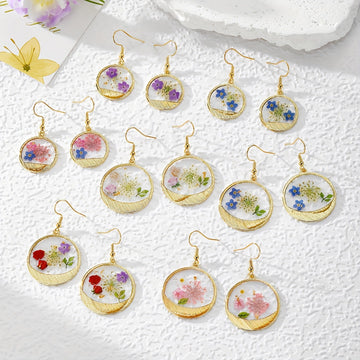 Gold Tone Round Leaf-Detail Pressed Flower Drop Earrings in Seven Designs
