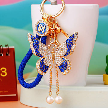 Jeweled Butterfly Keychains in Four Colors with Pearl Drop Tassels
