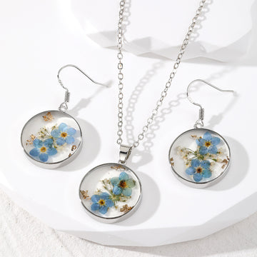 Round Pressed Blue Flower Resin Necklace and Earring Options