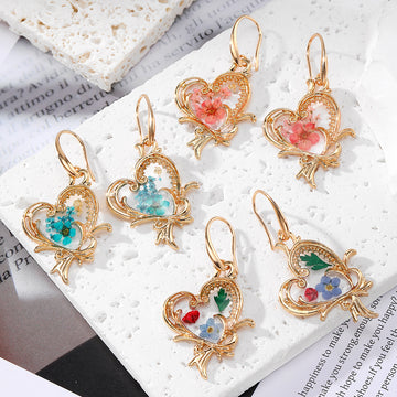 Gold Tone Heart Butterfly Pressed Flower Resin Hook Earrings