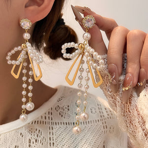 Pearl Bow Long-Drop Earrings with Gold-Tone Bars and Tassels