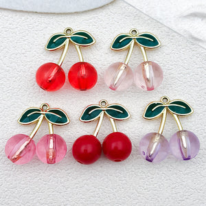 Cherry Charms with Enamel Leaves and Clear or Solid Cherries in Zinc Alloy