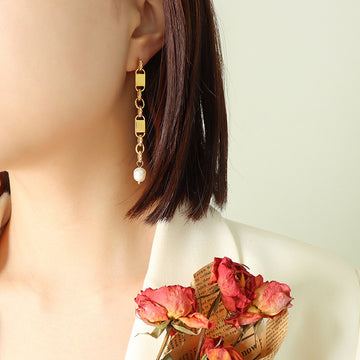 Gold And Steel Geometric Chain Pearl Drop Earrings