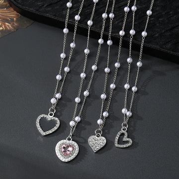Silver Heart Pendant Pearl Station Necklaces Four Styles