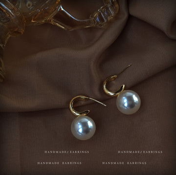 Gold C-Shape Open Hoop Pearl Drop Earrings Post Style