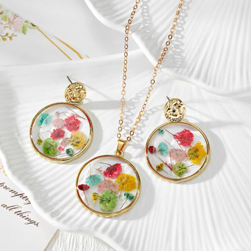 Gold Tone Round Mixed-Flower Earrings, Necklace and Coordinated Set