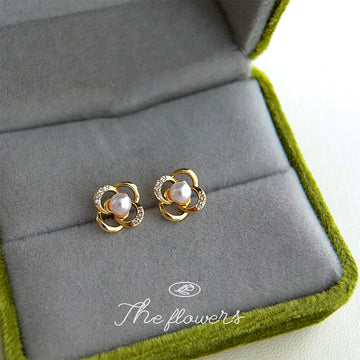 Gold Open Flower Pearl Stud Earrings Crystal Petal Accents