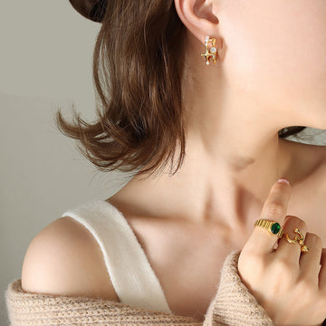 Irregular C Shape Earrings With Faux Pearls And Clear Stones