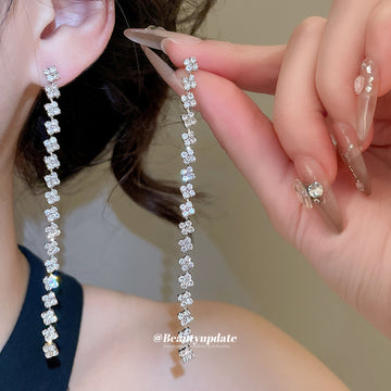 Silver Tone Square Crystal Long Drop Earrings With Linear Fringe