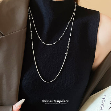 Silver Double Layer Snake Chain Pearl Station Necklace