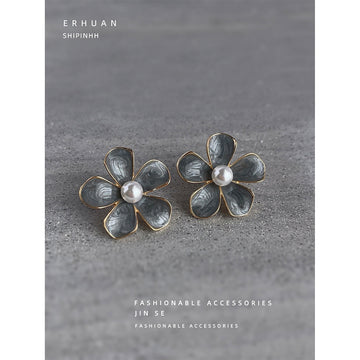 Dusty Blue Enamel Flower Pearl Center Stud Earrings