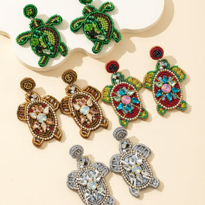 Beaded Rhinestone Sea Turtle Drop Earrings Four Colors