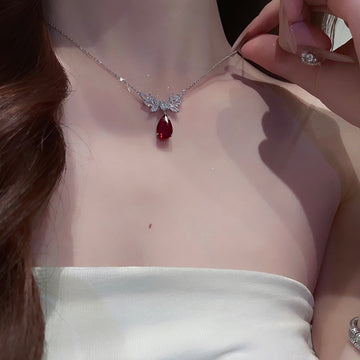 Silver Leaf Wing Red Teardrop Pendant Chain Necklace