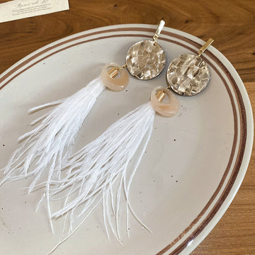 Resin Disc Feather Tassel Earrings In White And Green