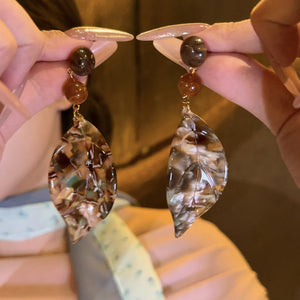 Brown Marbled Leaf Drop Earrings with Green Accent