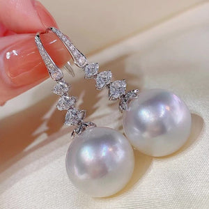 White Gold Tone Crystal Flower Pearl Drop Earrings