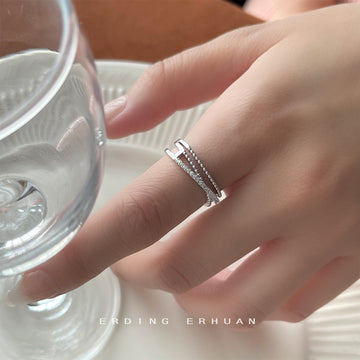 Silver Open Multi Band Ring Beaded Row Pavé Clear Stones