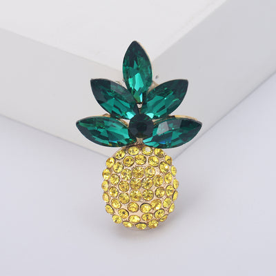 Green Leaf Yellow Crystal Pineapple Brooch isolated front view