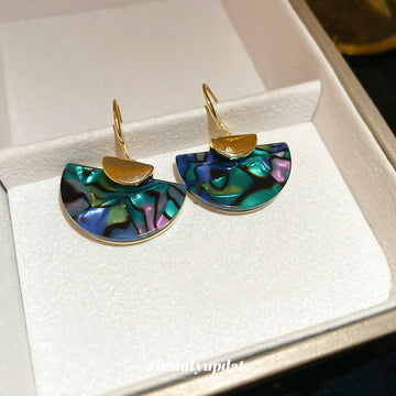 Blue Green Shell Fan Hook Earrings with Gold Tone Tops