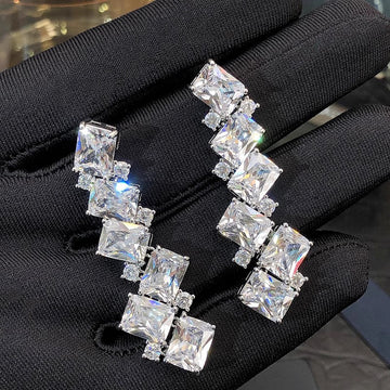 Silver Tone Geometric Square CZ Cascade Long Drop Earrings