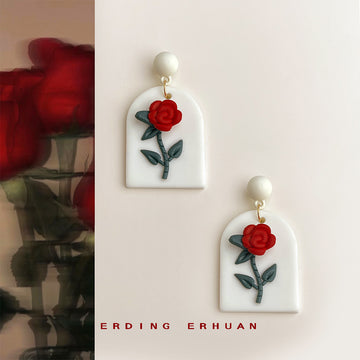 White Ball Stud Red Rose Arch Plaque Drop Earrings Pair