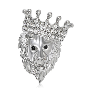 Silver Tone Crowned Lion Head Brooch Rhinestone Crown