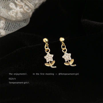 Gold Crystal Flower Stem Drop Stud Earrings Matching Pair Style