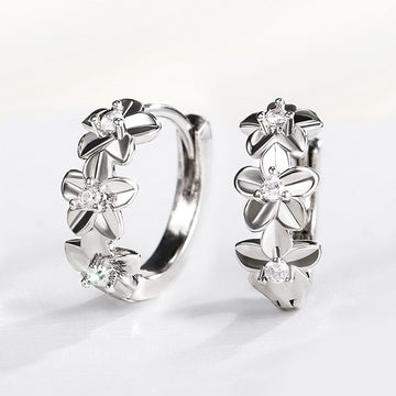 Silver Floral Huggie Hoop Earrings Clear CZ Centers