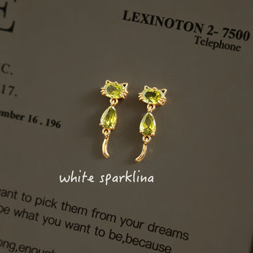 Gold Tone Green Faceted Stone Cat Drop Stud Earrings For Women