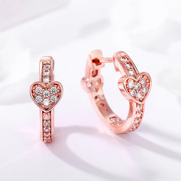 Heart Pave CZ Huggie Hoop Earrings Silver Rose Gold
