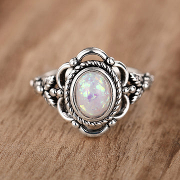 Opalescent Oval Floral Filigree Ring In Antiqued Silver Tone