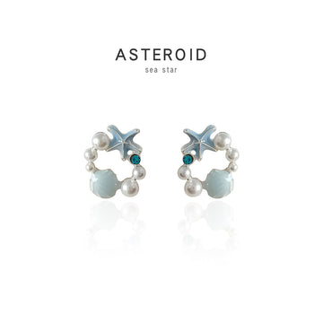 Silver Blue Starfish Shell Pearl Circle Stud Earrings
