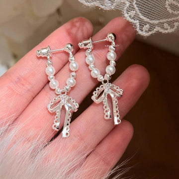 Faux Pearl Bow Drop Earrings with Crystal Accents Pair