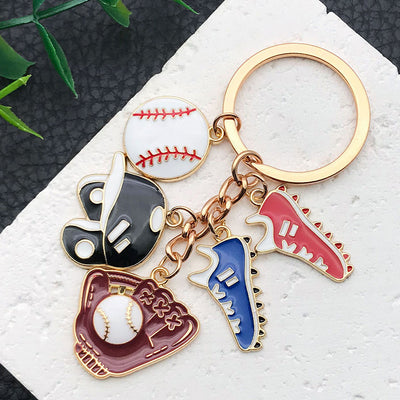 Overview showing the available color and design variations of the red blue baseball glove shoe and ball metal keychain