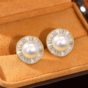 Pearl-Like Round Baguette Halo Stud Earrings In Two Tones