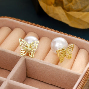 Gold Filigree Butterfly Stud Earrings With White Pearls