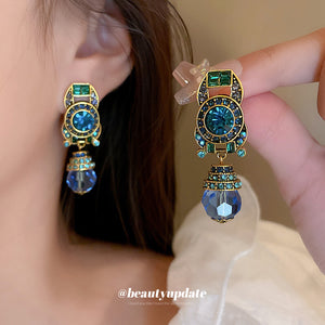 Blue Crystal Clip-On Drop Earrings, Faceted Bead and Gold-Tone Frame