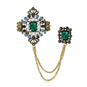 Baroque Double Chain Brooch With Pearl and Rectangular Jewels